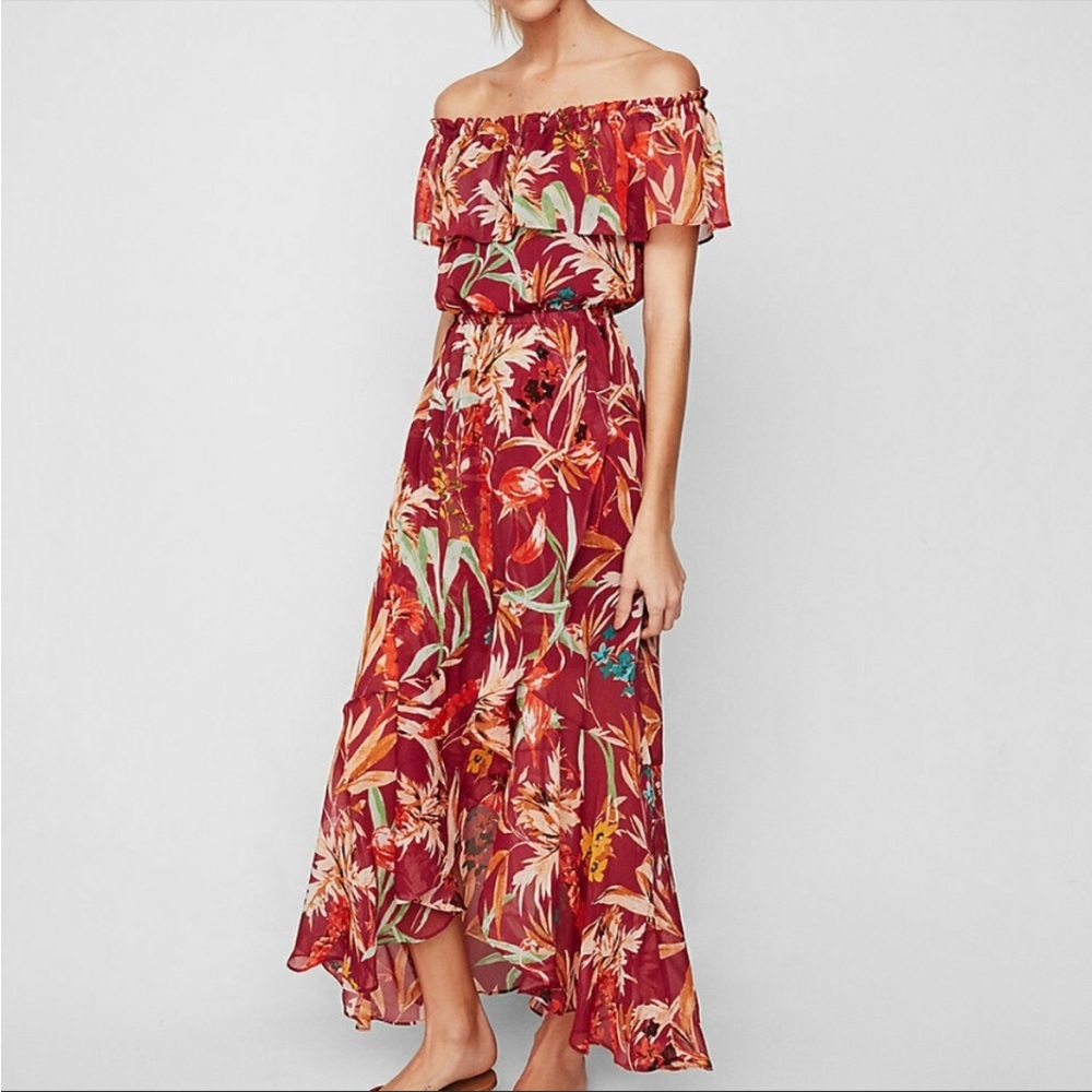 Express Floral Off-Shoulder Maxi Dress - Red and Green
